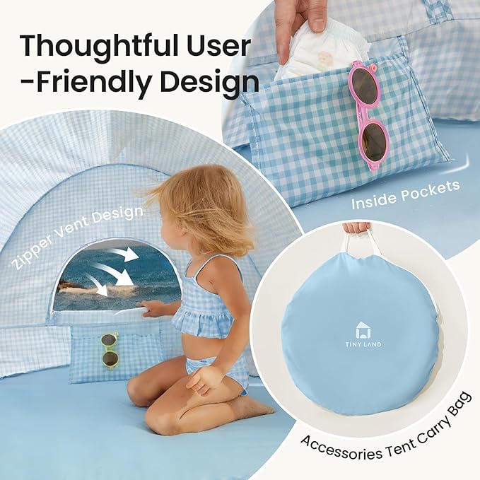 Tiny Land Baby Beach Tent – Pop Up Baby Tent with UV Protection, Portable Baby Beach Essentials, 35.4"x27.6"x31.5" Sun Shelter for Infants, Baby Summer Outdoor Use (Light Blue Gingham)