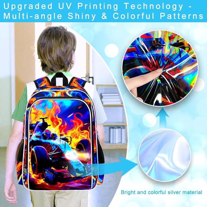 3Pcs Cars Backpack for Boy, 17" Bookbag for Elementary Preschool Kindergarten, Kids Fire School Backpacks with Lunch Box (Red)