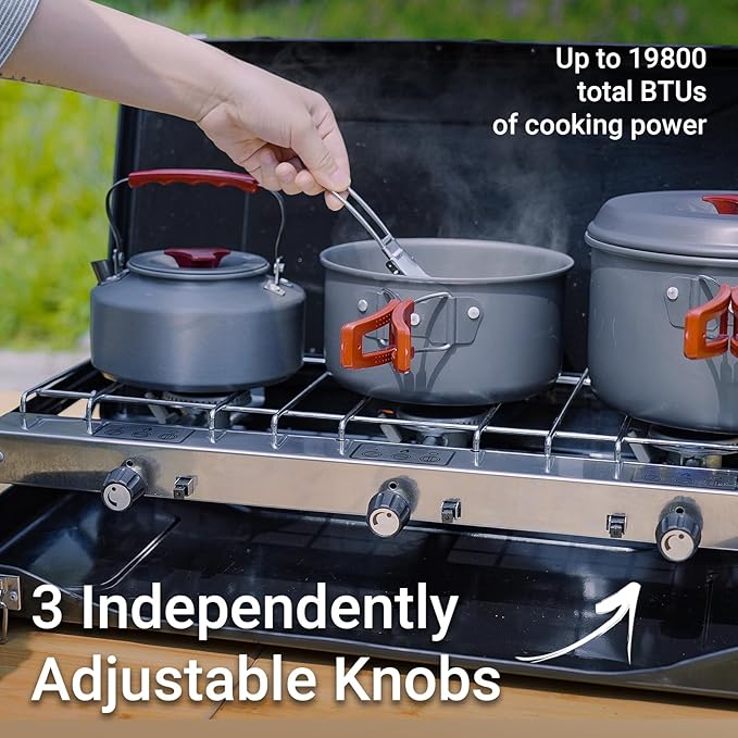Camping Stove, 3 Burner Propane Portable Camp Stove with Regulator, Push-Button Instant Ignition, Portable Camp Grill, Adjustable Burners for Car Camping Outdoor Cooking (BLACK-19800 BTUs)