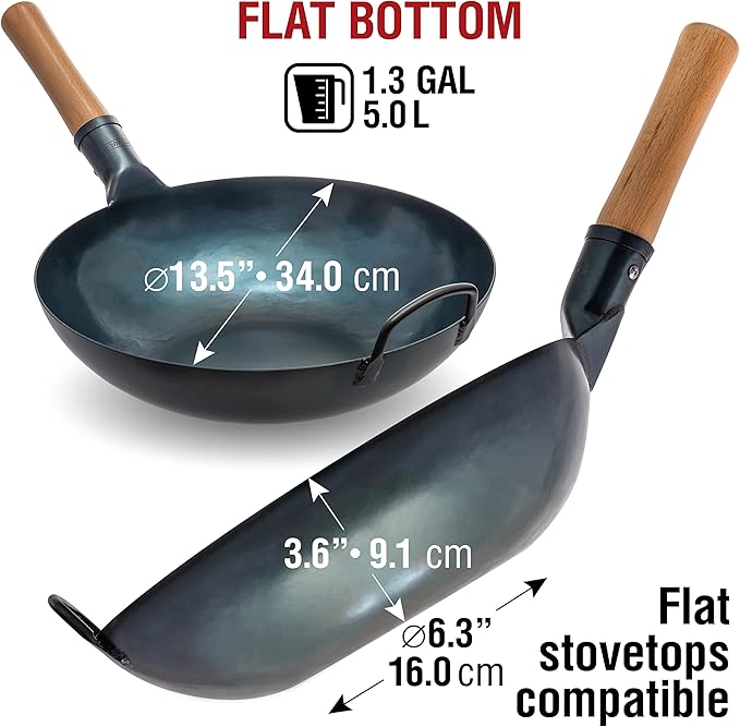 YOSUKATA 13.5” Blue Carbon Steel Wok Pan – Pre-Seasoned Flat Bottom Wok Compatible with open fire, gas, electric, ceramic, induction cooktops -Traditional Chinese Pan for Stir Fry, BBQ, Grill, Camping
