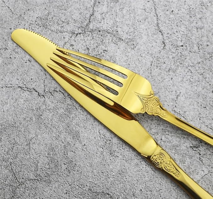 Silverware Flatware Cutlery Set， 4/16/24/32/40/48-piece Palace Tableware Set Retro Embossed Tableware Creative Golden Tableware Knife， Fork and Spoon Set，Black-10Set-40Pcs