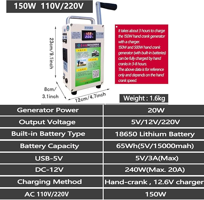 150W/500W High Power Hand Crank Generator Portable Emergency Power AC110V /220V DC12V USB 5V Charger Generator for Outdoor Camping Survival Activities,150W-220V
