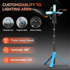 15000 mAh Rechargeable Camping Light with Stand, Cordless Work Light with 3 LED Lamp Heads, 5500 Lumens Dimmable Camping Essentials Gear Emergency Flashlight with 86" Detachable Tripod, Blue