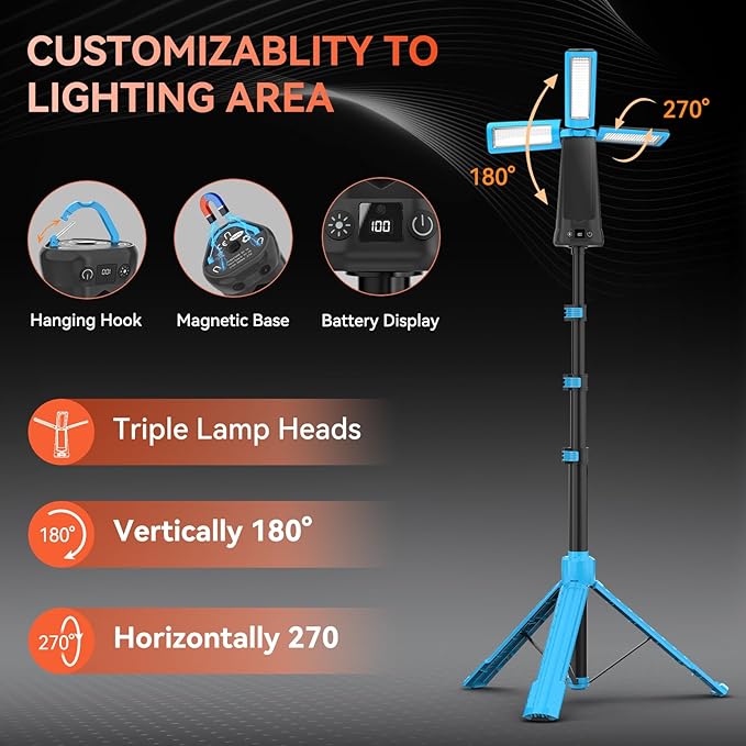 15000 mAh Rechargeable Camping Light with Stand, Cordless Work Light with 3 LED Lamp Heads, 5500 Lumens Dimmable Camping Essentials Gear Emergency Flashlight with 86" Detachable Tripod, Blue