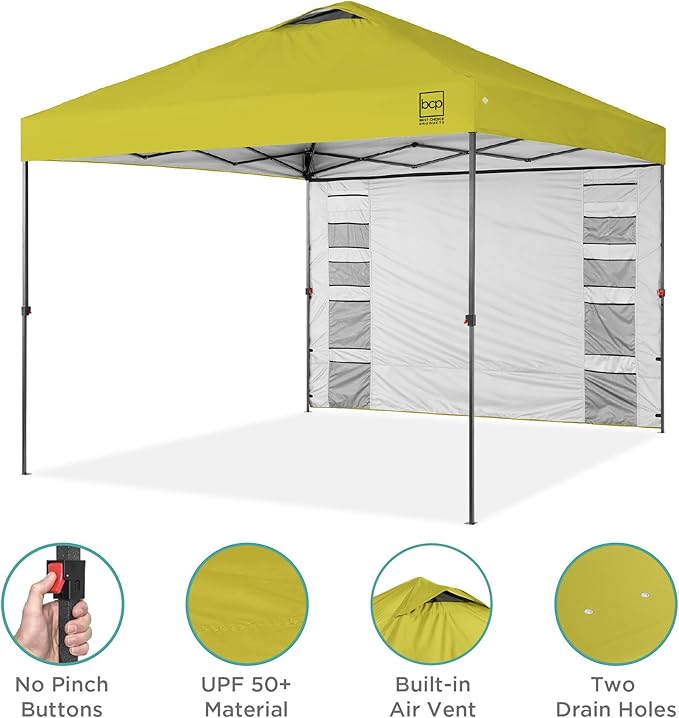 Best Choice Products 10x10ft Pop Up Canopy Tent with Sidewall, 1 Person 1 Minute Set Up, Carry Case, 4 Weight Bags - Yellow
