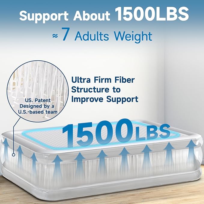 Queen Air Mattress with Built-in Rechargeable Pump, 1500 lbs Heavy-Duty Support, 16" Raised Upgraded Firmness Blow Up Mattress, Fast 3-Min Inflation, Inflatable Bed for Home, Guests & Camping