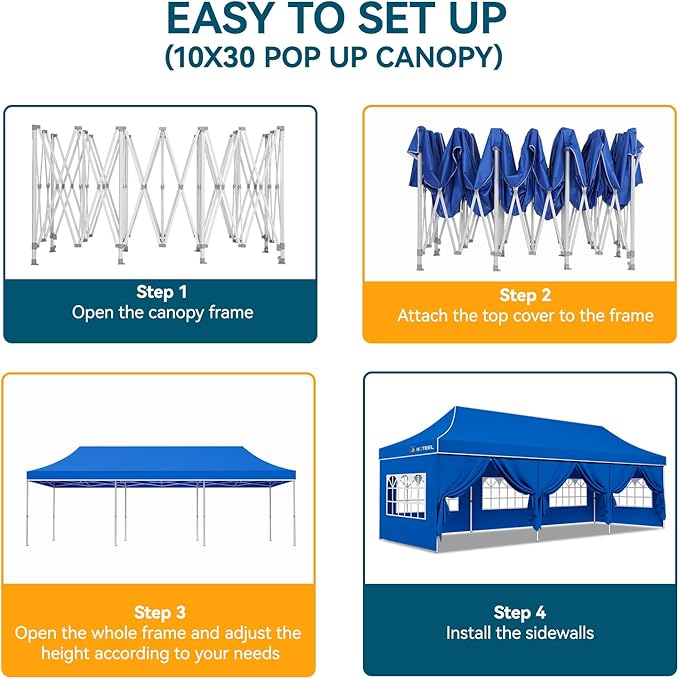 Hoteel 10x30 Pop Up Canopy Tent Heavy Duty with 8 Sidewalls, Waterproof Party Tent, Easy Set-up Commercial Instant Tents with Hand Bag, Rope & Nail, Hexagonal Leg (1-Year Warranty)