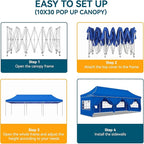 Hoteel 10x30 Pop Up Canopy Tent Heavy Duty with 8 Sidewalls, Waterproof Party Tent, Easy Set-up Commercial Instant Tents with Hand Bag, Rope & Nail, Hexagonal Leg (1-Year Warranty)