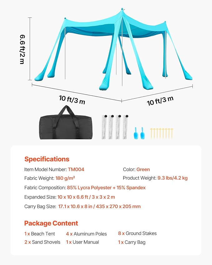 VEVOR Beach Tent Sun Shelter, UPF50+ Sun Protection, 6.6 ft Tall, 10 x 10 ft, Easy Pop Up Beach Canopy with Sandbags, Stability Poles, Sand Shovels, Portable Shade for Family, Camping, Fishing, Green