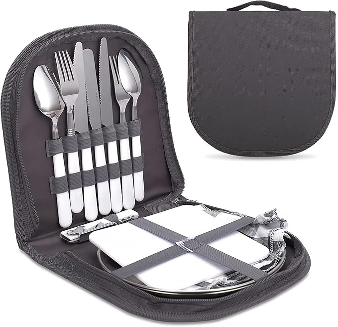 Camping Cutlery Set,Camping Silverware Kit Cutlery Organizer Utensil Picnic Mess Set,Travel Camping Portable Fork Spoons Plate Cutlery Set for Hiking, Picnic and Backpacking, Perfect for 1-2 Person (