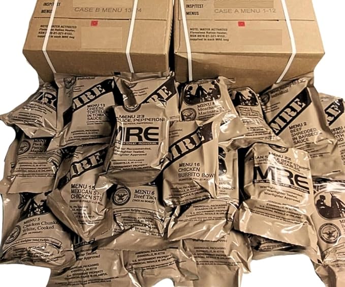 MRE Meals Ready to Eat A Or B case 2026, 2027 inspection. Genuine Military US surplus emergency food bulk supply full box with heater