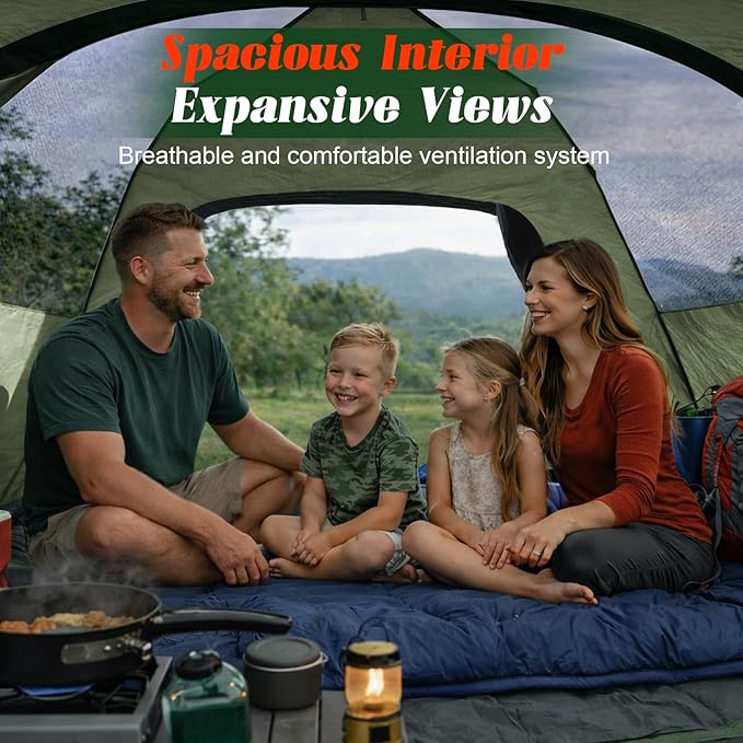 Tents for Camping 4 Person with 2 Doors and Rainfly, Camping Tents Waterproof Windproof, Large Mesh Ventilation, Easy Setup Windproof Family Tent for Outdoor Camping Hiking Backpacking