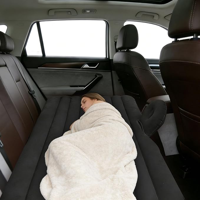 Car Air Mattress, Inflatable SUV Truck Camping Mattress for Back Seat, Thickened Travel Car Bed Sleeping Pad with Inflatable Pier Air Pump 2 Pillows (Black)