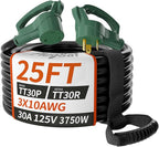 25 FT 30 Amp RV Extension Cord Outdoor, Flexible Heavy Duty 10/3 Gauge STW RV Power Cord Waterproof with Cable Organizer, NEMA TT-30P to TT-30R, Black-Green, ETL Listed