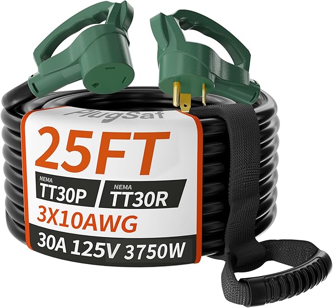25 FT 30 Amp RV Extension Cord Outdoor, Flexible Heavy Duty 10/3 Gauge STW RV Power Cord Waterproof with Cable Organizer, NEMA TT-30P to TT-30R, Black-Green, ETL Listed