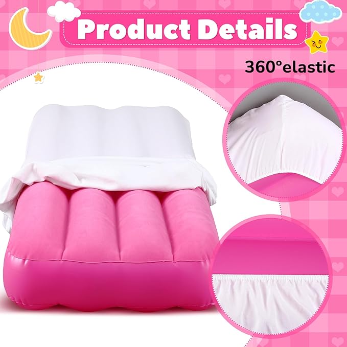 Windyun 6 Sets Kids Air Mattress Bulk with Fitted Sheet,Toddler Inflatable Bed 63 x 27 x 8 Inches Blow up Airbed Camping Sleeping Pad for Aged 3-10 Years Old Birthdays Slumber Sleepover Party (White)