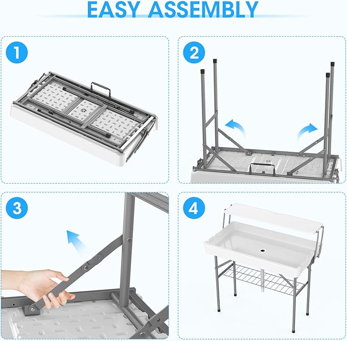 HLPB 4 FT Party Ice Cooler Folding Table with Folding Board, Outdoor ice Table with Skirt & Drain & Folded Buckets & Barbed Wire, Portable Foldable Bar Table for Party, BBQ, Camping, Picnic, White