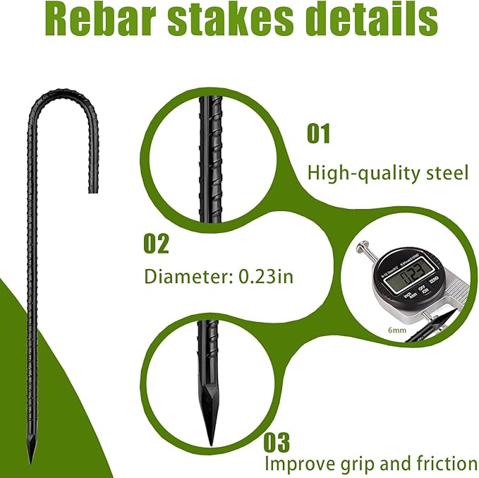 Rebar-Stakes-12Inch,J Hooks Ground Stakes Anchors for Gardening Black Coated Ground Stakes 10pcs Anti-Rust Heavy Duty Dog Fence Fixed Water Pipes Soccer Goals Tent Camping Trampoline