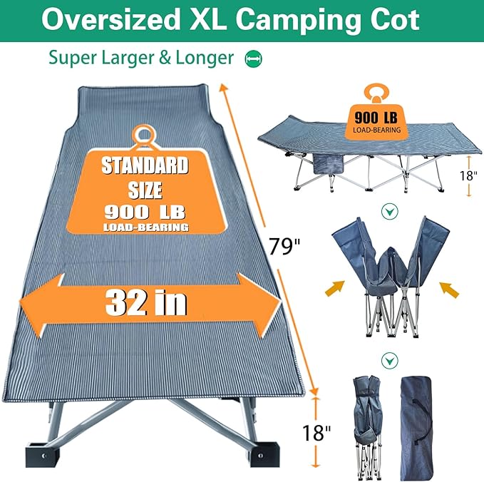 2 Pack XXL 32 Inches Camping Cot with Mattress Extra Large Width Oversize Folding Cot Heavy Duty Comfortable Cots for Sleeping Guest Bed with Carry Bag Easy to Set-up for Home Indoor Outdoor
