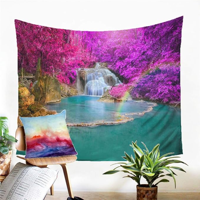 Forest Waterfall Tapestry Wall Hanging Sandy Beach Picnic Rug Camping Tent Sleeping Pad Home Decor Bedspread Sheet Wall Cloth (60x51inch,3)