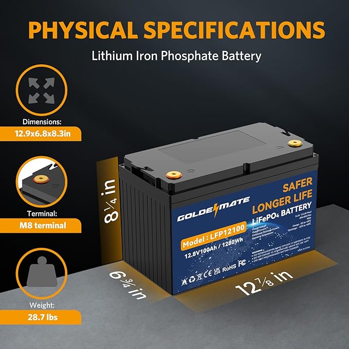 GOLDENMATE 12V 100Ah LiFePO4 Battery, Up to 15000 Deep Cycles Group 31 Lithium Battery, Built-in 100A BMS, Perfect for RV, Solar, Camping, Marine, Trolling Motor and Off-Grid Applications