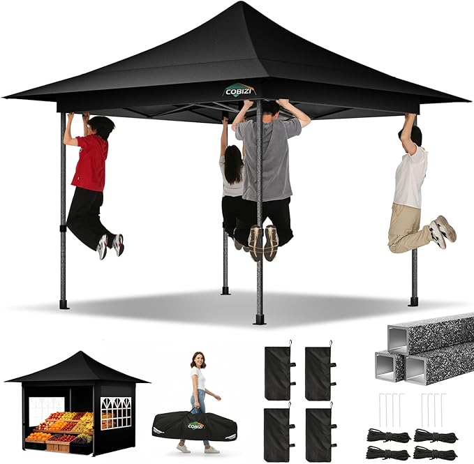 COBIZI 13x13 Pop Up Canopy Tent Heavy Duty with Sidewalls & Auto-Extending Eaves Outdoor Gazebo Easy Up for Backyard Party Commercial Events, All Weather Waterproof UV 50+ (Leg Upgraded) Black