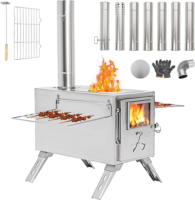 H&ZT Hot Tent Stove, Portable Wood Burning Stove with 7 Chimney Pipes, Ideal for Camping, Cooking & Winter Heating