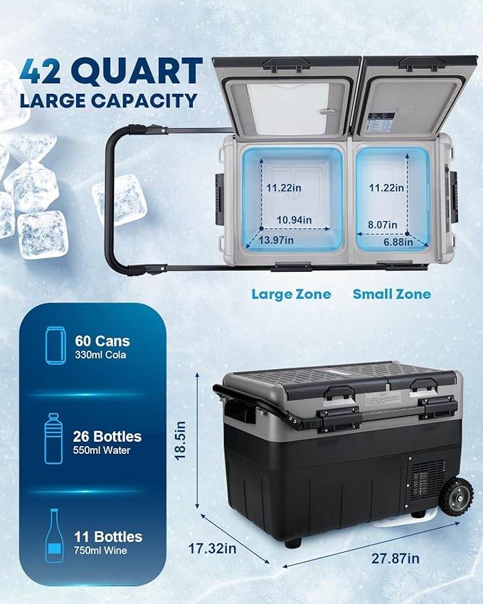 Kohree 12 Volt Car Refrigerator, 42 Quart (40L) Dual Zone Car Fridge, Portable Refrigerator Dual Door -4℉-68℉ Electric Cooler Portable Freezer 12/24V DC and 100-240V AC for RV, Camping, Travel