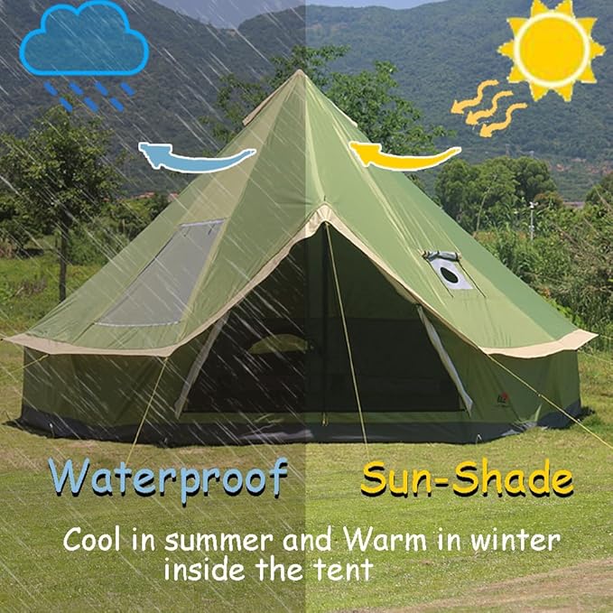 Backpacking Bell Tent with Top Stove Jack for All Year Living, 300D Oxford Waterproof Yurt Tents House for Camping Glamping, Parties, Outdoor Events-13/16.4FT