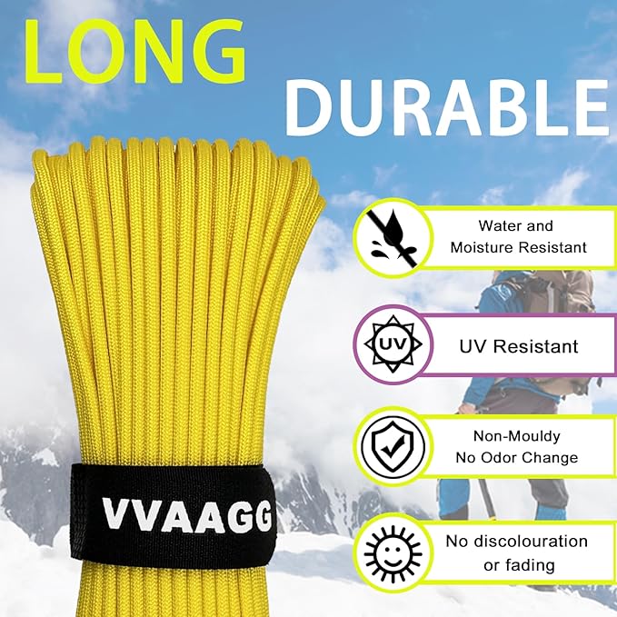 VVAAGG 1000 Yellow Paracord 100FT Utility Parachute Cord 4mm Nylon String12 Strand Nylon Camping Rope, Tent Rope, Clothsline Rope for Survival & Camping Gear