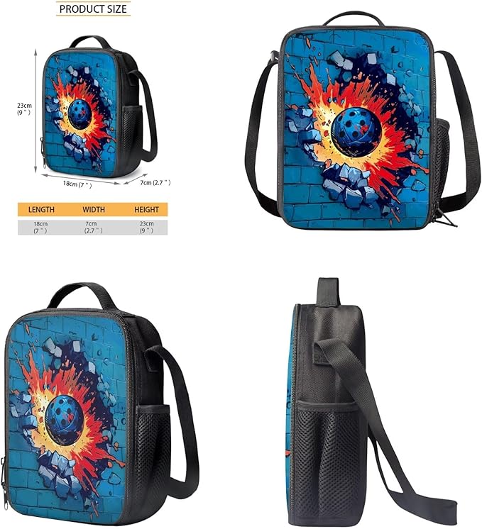 Rnyleeg Fire Pickleball Backpack for Kids 6-8 with Lunch Box Funny Boys Backpack Set Lightweight Book Bag Set 3-in-1 for Elementary Students Back to School Gifts