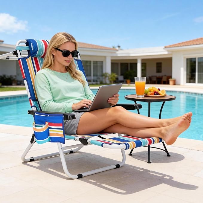 MOPHOTO Oversized Beach Lounge Chair, 5-Position Adjustable Tanning Chair with Face Hole, Heavy Duty Folding Chaise Lounge for Beach, Pool, Patio & Sunbathing