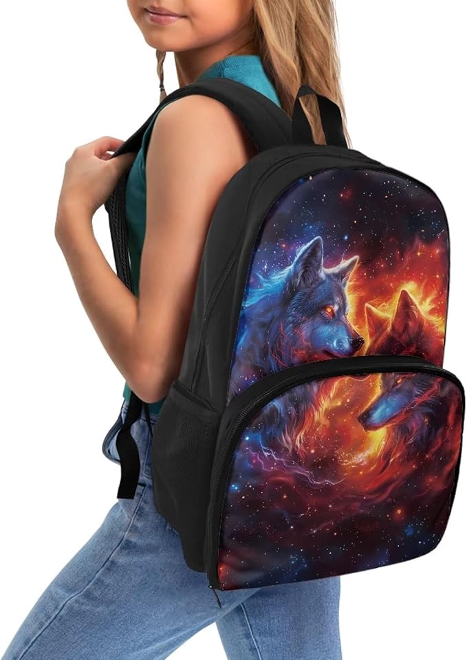 Fire Flame Wolf School Bag Backpack with Lunch Compartment 17in Travel Laptop Insulated Cooler Bag Box Hiking Picnic Camping Travel Casual Backpack Kids Daypack