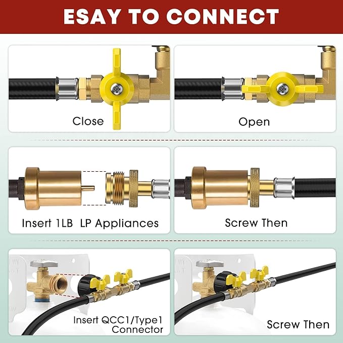 5ft Propane 2 Way Y Splitter Adapter Hose,1 lb to 20 lb Converter with Shut Off Valve, Propane Adapter 1lb Portable Appliance to QCC1/Type1 5-40lb Tank,350PSI for Heater,Camping Stove,Grill