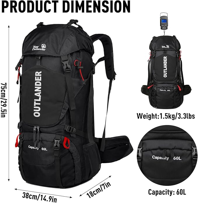 Hiking Backpack Camping Light Travel Backpack for Men Women with Shoe Compartment Rain Cover Can Hang Water Bag Green Blue Black Optional for Hiking Camping Traveling 60L Capacity