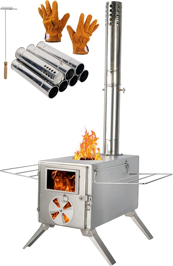 Camping Stove for Hot Tents, LAMA 304 Stainless Steel Wood Burning Stove with Stainless Wall Chimney Pipes for Tents, Shelter, Outdoor Portable Stove for Camping Heating and Cooking