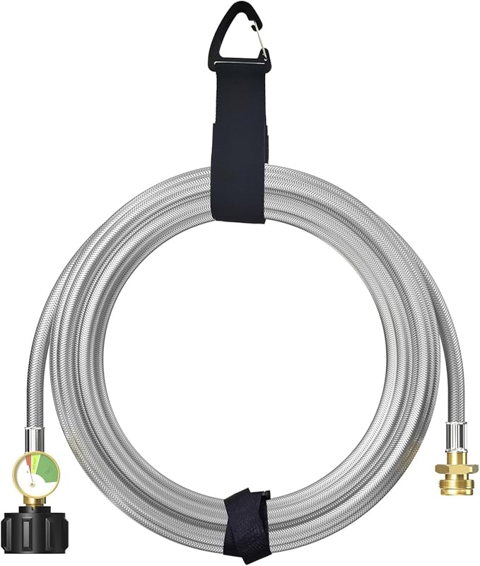 12FT Stainless Braided Propane Adapter Hose with Gauge, Propane Tank Hose Adapter 1lb to 20lb Converter for QCC1/Type1 Coleman Camp Stove, Buddy Heater, Tabletop Grill&More 1lb Portable Appliance