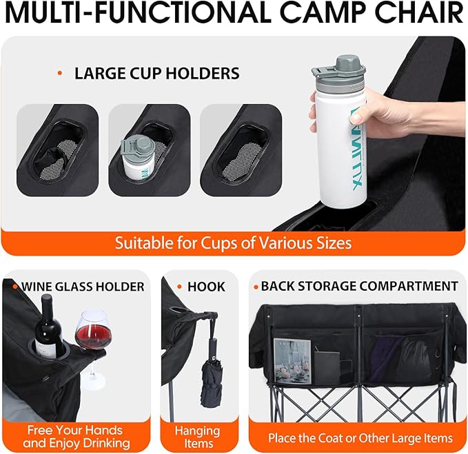 Heated Double Camping Chair Heated Camping Chair 4 Heating Zones Heated Chair Outdoor Sport Heated Folding Chair for Adults (Battery Not Included)