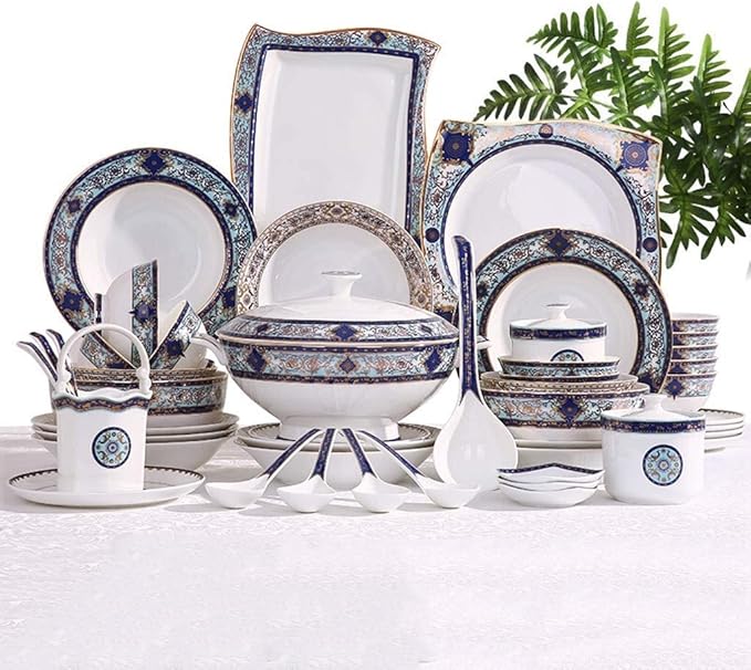 Ceramic Tableware Set with 55 Pieces/Bowl/Soup Pot/Spoon | Bone China Tableware, Blues Garden Pattern Porcelain Combination Set