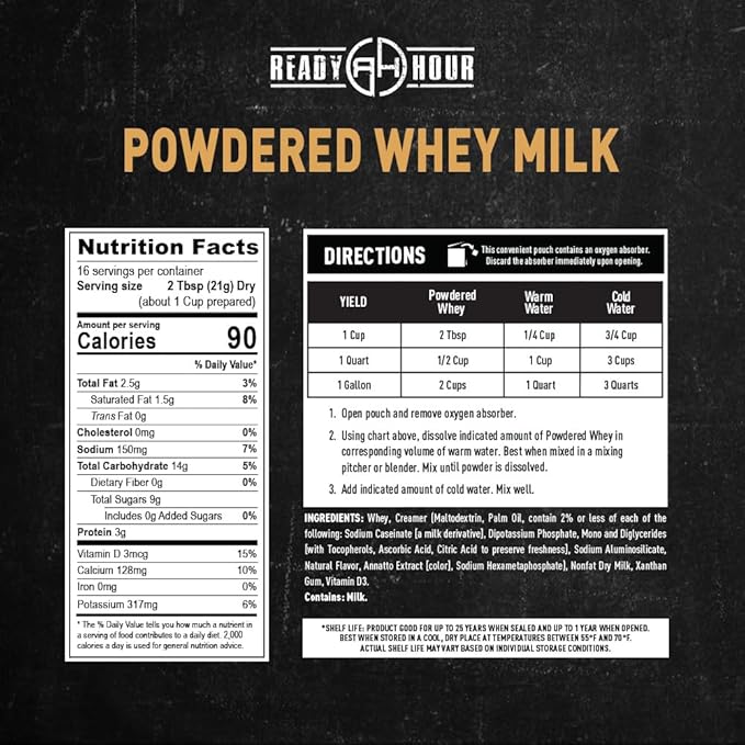 Ready Hour Powdered Whey Milk Case Pack (96 Servings), Powdered Milk In Bulk, Freeze-Dried Food, Emergency Preparedness Kits, Emergency Milk Powder, Long-Term Storage, Long Shelf Life Food