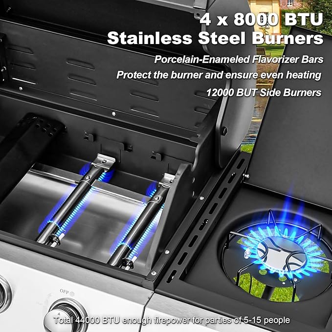 MELLCOM Upgraded 44,000 BTU Stainless Steel Burner Barbecue Grill, 4 Burner BBQ Propane Gas Grill with Side Stove & Cast Iron Grates for Patio, Camping, Outdoor Cooking