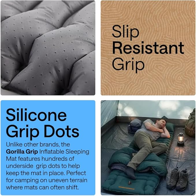 GORILLA GRIP Slip-Resistant Inflatable Sleeping Pad, Puncture Resistant Lightweight Camping Mattress, Foot Pump, Air Mats for Travel Backpacking, Inflating Bed Camp Sleep Pads for Tent, Hunter Green