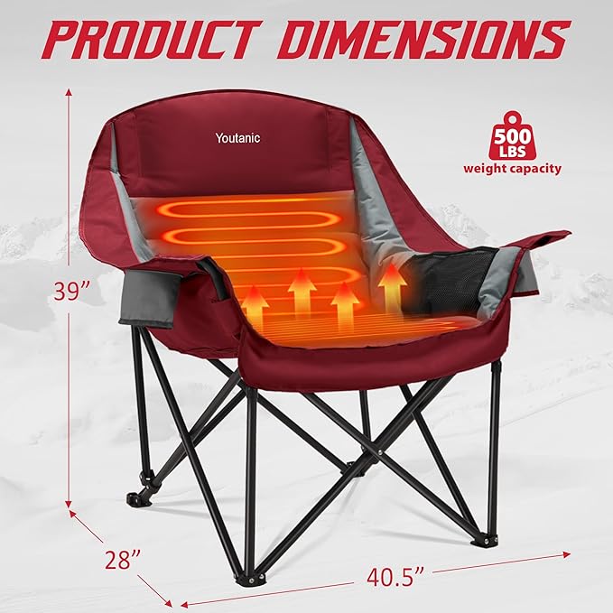 Heated Camping Chair, 3 Heat Levels Oversized Padded Lawn Chair with Side Pockets and Cup Holder, Outdoor Heating Folding Camp Chair for Adults, Fishing, Sports, Picnic, up to 500lbs, Style 3