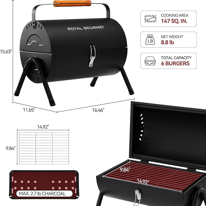 Royal Gourmet CC1015W Portable Charcoal Grill, 147 sq. in. Cooking Grid, Wooden Handle, Tabletop BBQ Grill for Outdoor Barbecue, Camping, Picnic, Backyard, Patio, Black