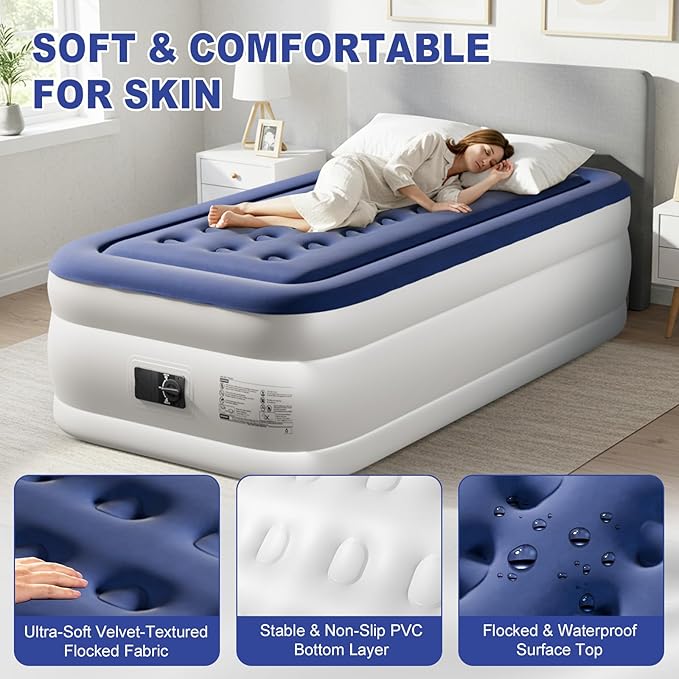 Outvita 18in Twin Air Mattress with Built-in Pump, Quick Assembly Comfort Luxury Blow Up Air Bed Self-Inflation/Deflation - Breathable and Flatness-Free for Guests and Home, Camping, Travel