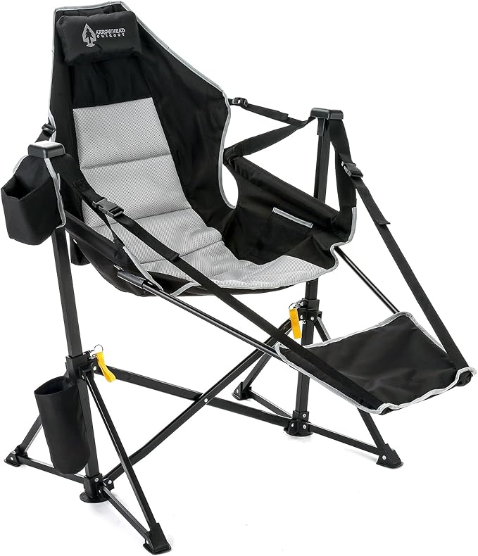 Arrowhead Outdoor Folding Hammock Camp Chair with Detachable Footrest, Stabilized Feet, Padded Headrest and Seat, Large Cup Holders, 300 LBS Weight Capacity, for Camping, Beach, Tailgating