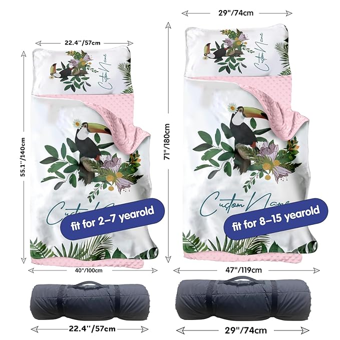 Custom Toddler Nap Mat for Preschool, Personalized Name Kids Sleeping Bag with Toucan Pattern for Daycare, Roll Up Sleeping Mat with Removable Pillow and Soft Dot Minky Blanke for Girls Camping