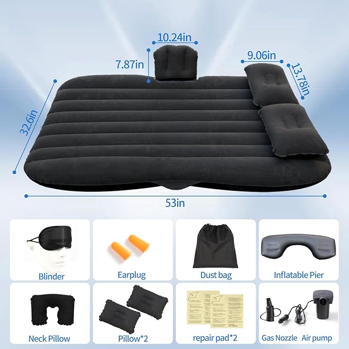Inflatable Car Air Mattress Back Seat Bed with Air Pump,53 "x 32.6" Portable Thickened Car Travel Camping Sleeping Air Mattress Blow Up Bed for Car Universal SUV