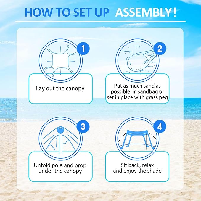 Beach Canopy Tent Sun Shade with 6 Sandbags, Beach Tent Sun Shelter UPF 50+ UV Protection, Poles and Ground Pegs and Anti-Wind Ropes for Outdoor, Camping, Backyard and Picnics