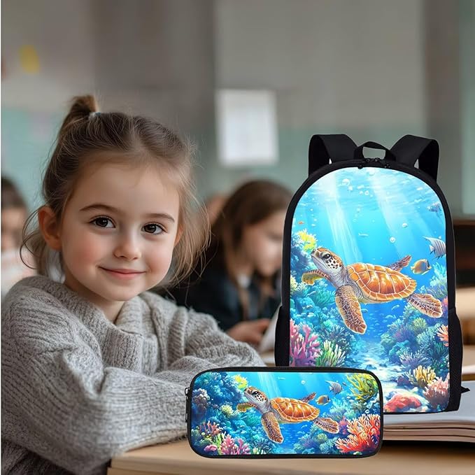 Sea Turtles School Backpack Set for Kids Boys 4Pcs Animal Bookbag and Lunch Bag Sets for Little Boys Ages 8-12 Elementary Middle School,Daypack with Adjustable Strap for Travel Hiking
